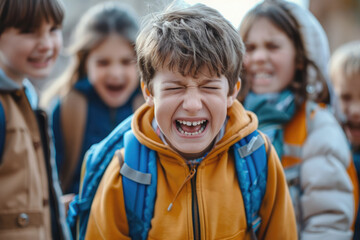 Suffering crying boy from bullying at school - obrazy, fototapety, plakaty