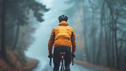 A cyclist in an orange jacket and black helmet riding a bike on a foggy leaf-covered road with trees on either side. - Powered by Adobe