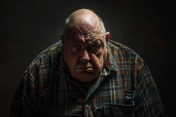 Old obese man looks stressed on dark background