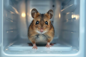 Mouse on the shelf of an empty fridge