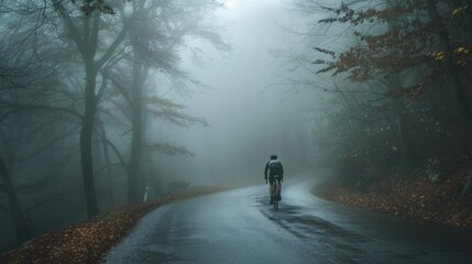 A solitary cyclist pedaling down a foggy leaf-strewn road surrounded by misty woods.