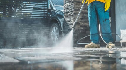 Fototapeta premium A professional car washer using a high-pressure hose to clean a vehicle.