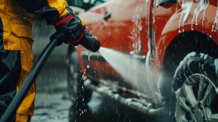 Person in yellow rain gear washing a red car with a high-pressure hose.