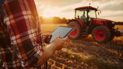 A farmer using a tablet com puter in a field with a tractor in the background under a sunset sky.