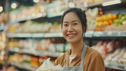 Smiling female supermarket employee with apron and hair up standing in front of a produce section with fresh fruits and vegetables.