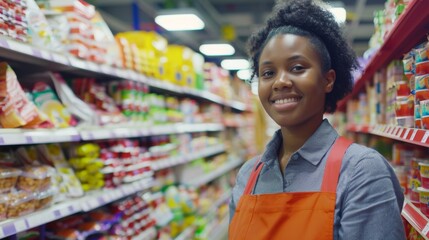 A smiling woman wearing an orange apron stands in a well-stocked grocery store aisle surrounded by various packaged food items.