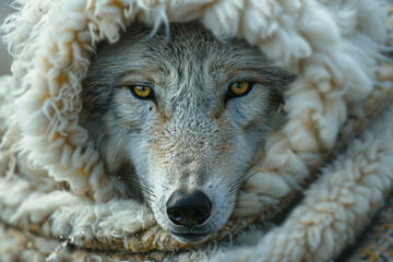 Wolf in Sheep's Clothing, Closeup Head Wrapped in Wool, Symbolic Deception Concept, Metaphorical Symbolism Illustrated