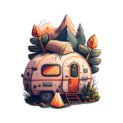 Camping Sticker with, Caravan, nature, mountain