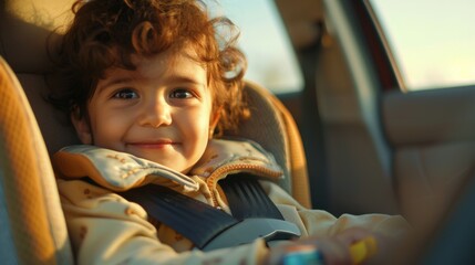A young child with curly hair wearing a car seat smiling and looking towards the camera with su nlight streaming through the car window. - obrazy, fototapety, plakaty