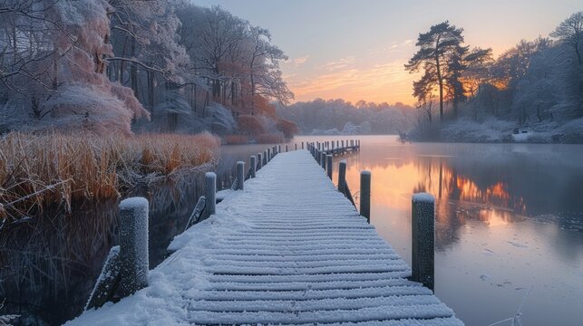 A frosty boardwalk glistens over Pudmore Pond in the early morning winter sun at Thursley Nature Reserve in Surrey, 