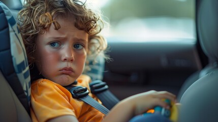 A young child with curly hair wearing a car seat looking out of a car window with a concerned expression. - obrazy, fototapety, plakaty