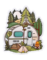 Camping Sticker with, Caravan, nature, mountain