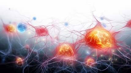 neurons under strong magnification, neural network live impulses transmitted through nerves, abstract fictional background computer graphics, structure of a living brain cell - obrazy, fototapety, plakaty