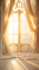 high panoramic window with transparent curtain, in the golden morning light, abstract vertical background. home comfort