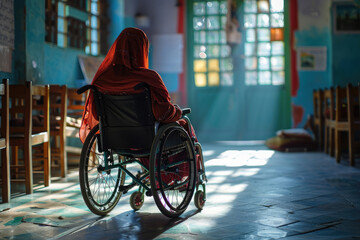 Obraz premium Disabled teacher in a wheelchair in classroom at school