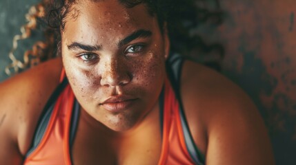 A close-up portrait of a woman with a soft expression freckles and curly hair wearing a vibrant orange tank top set against a blu rred background.