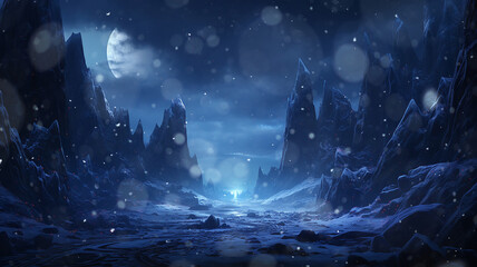 icy world, twilight in a frozen world among icy rocks snowfall, abstract cold blue landscape mountains - obrazy, fototapety, plakaty