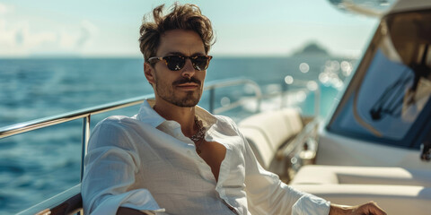 Young businessman in a white shirt on a yacht