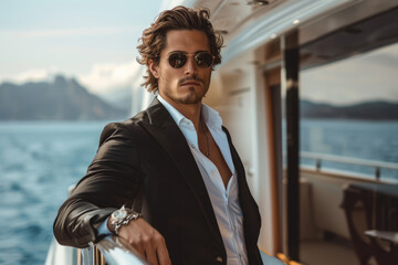 Young rich businessman in a suit on a yacht