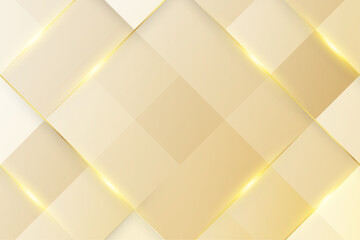 Luxury cream gold geometric background with square rhombus pattern, gold lines and sparkling light in 3d paper cut style , vector illustration.