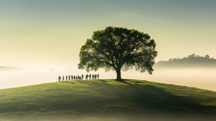 Naklejka premium tree of life, green nature background, landscape with a large tree with a sprawling large green crown and a group of people nearby, a row of silhouettes. eco concept nature protection