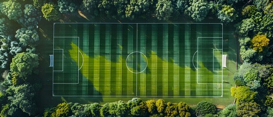 Aerial View of Vibrant Green Sports Field with Stripes. Concept Aerial Photography, Vibrant Color, Sports Field, Greenery, Striped Pattern