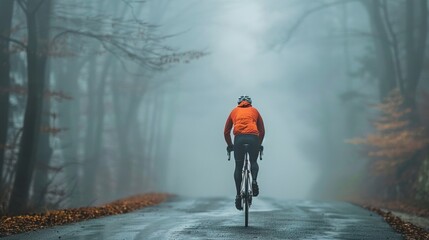 Obraz premium A solitary cyclist in an orange jacket pedaling down a misty leaf-strewn road surrounded by foggy forest.