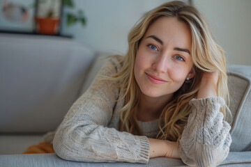 Naklejka premium Smiling pretty blonde young woman wearing casual clothes lean on gray fabric sofa at home, close up