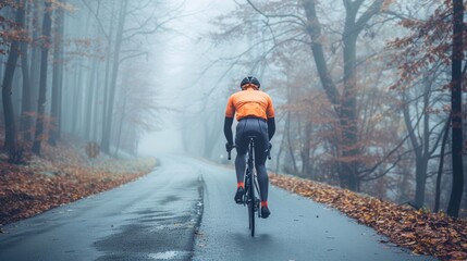 A cyclist in an orange shirt and black pants riding a bicycle on a foggy leaf-covered road with trees on both sides.
