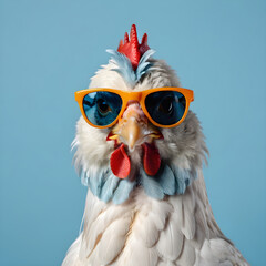 An animal rooster wearing sunglasses. copy space