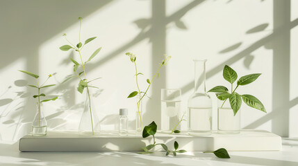 Aesthetic scientific homeopathy laboratory with medicinal plant extracts, health care, light background. Generative AI