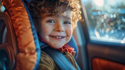 A joyful young child with curly hair smiling brightly in a car seat looking towards the camera with a sense of adventure and excitement. - obrazy, fototapety, plakaty