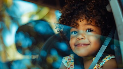Young girl with curly hair smiling in car seat looking out window with joy. - obrazy, fototapety, plakaty
