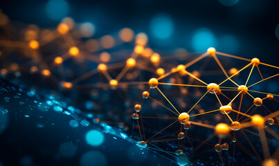 Abstract digital network of glowing gold nodes connected by lines on a dark blue background, representing virtual connectivity and technology