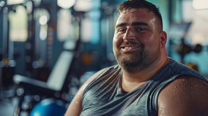 A man with a beard and short hair smiling and sweating wearing a gray tank top in a gym setting with exercise equipment in the background.