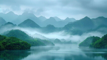 minimalistic landscape with fog, mountains in the morning
