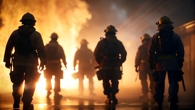 Grupo de bomberos en acci&oacute;n frente a un incendio. Imgen de bomberos trabajando. Concepto D&iacute;a internacional de los trabajadores.