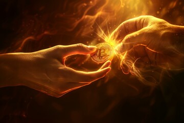Transferring Bitcoin from hand to hand with dynamic energy sparks, Concept of the transfer and flow of digital currency
