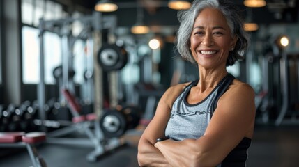 Fototapeta premium Smiling woman in gym wearing tank top standing confidently with arms crossed surrounded by exercise equipment.