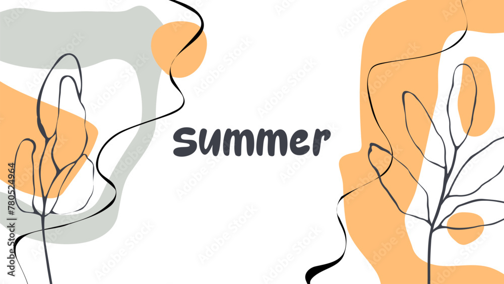 Aufkleber summer abstract background with various hand drawn dynamic shapes, black wavy lines and tropical lea