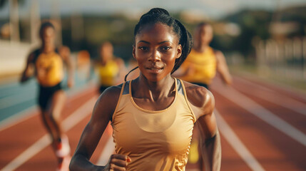 Portrait of an african woman athlete running on the track.