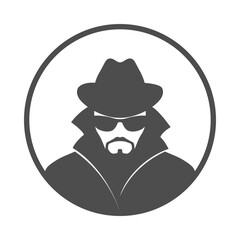Spy or agent graphic icon. Unknown man in glasses with beard and hat. Graphic sign isolated on white background. Vector illustration