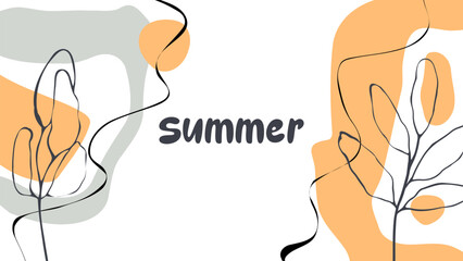 Summer abstract background with various hand drawn dynamic shapes, black wavy lines and tropical leaves for Summertime creative graphic design. Vector illustration.