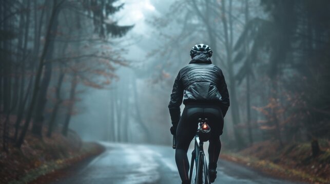 A lone cyclist in a black jacket and helmet riding a bicycle with a red light on the back navigating a foggy tree-lined road during autumn.
