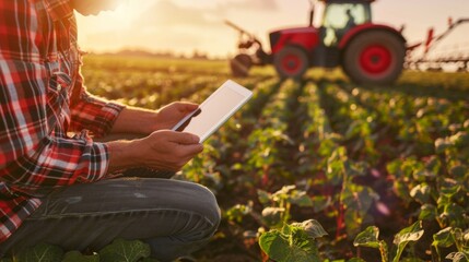 A farmer in a plaid shirt sitting in a field holding a tablet with a tractor in the background...