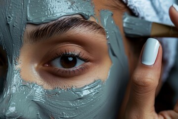 A close up of a woman face doing skincare routine and applying face mask, fashion cosmetics web...