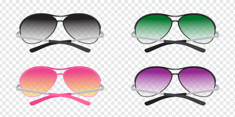 Stylish sunglasses in black, green, lilac and pink-yellow colors. Set of isolated vector illustrations on transparent background