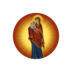 Medallion with St Virgin Mary with kid Jesus on white background. Illustration in Byzantine style isolated