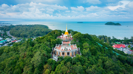 Aerial view of old Pagoda at Tang Kuan Hill on sunset, Songkhla, Thailand
