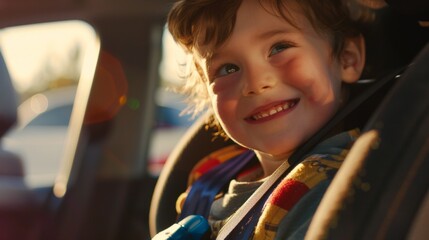 A young child with a joyful smile sitting in a car seat looking out the window with sunlight streaming in.